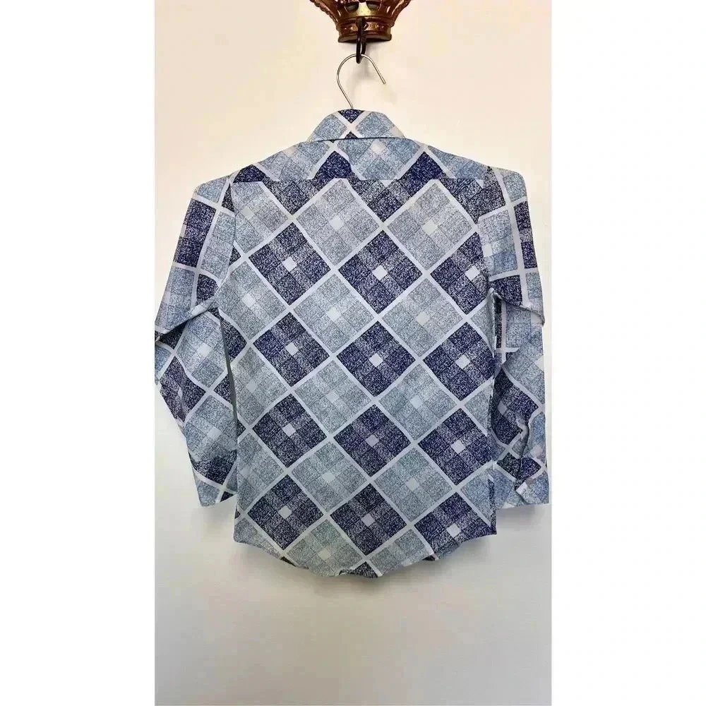 Vintage 90s Zayre Kids Blue Speckled Diamond Long Sleeve Button Up Shirt Size 12